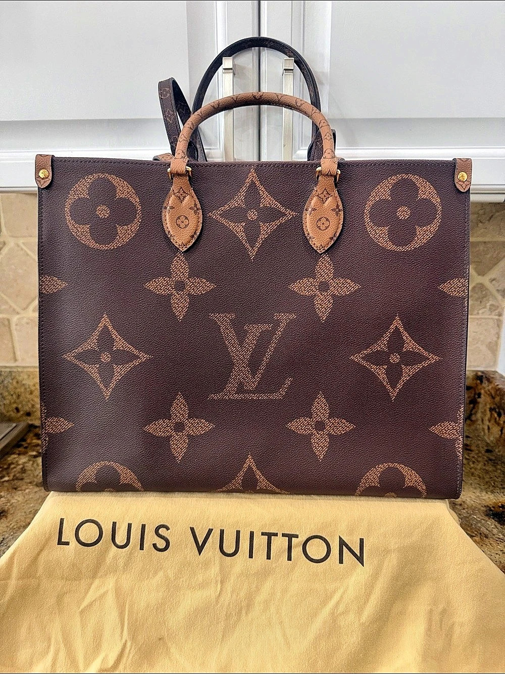 LV OnTheGo GM Monogram Reverse Tote Brown & Red